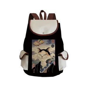 Canvas backpack with Japanese ukiyo-e samurai cat print, durable school bookbag for travel.