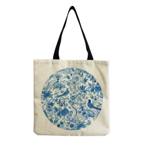 Chinese style blue and white porcelain floral print canvas tote bag, casual shoulder bag.