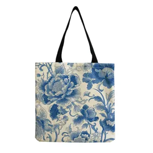 Chinese style blue and white porcelain floral print canvas tote bag, casual shoulder bag for daily use.
