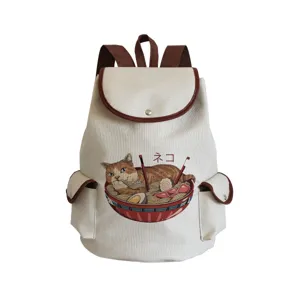 Canvas backpack featuring cute ramen cat graphic print brown leather trim daily school bookbag