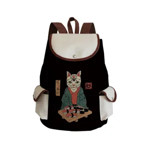 Black canvas backpack featuring cute Japanese sushi cat print, large capacity casual daypack.