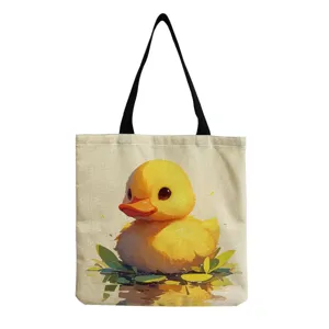 Niedlicher gelber Enten-Druck Segeltuch Tragetasche Detailansicht, verspieltes Design für Alltag.