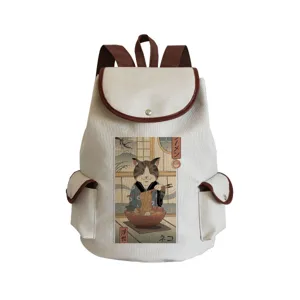 Canvas backpack featuring a Japanese cat ramen print, stylish and durable daily school bag.