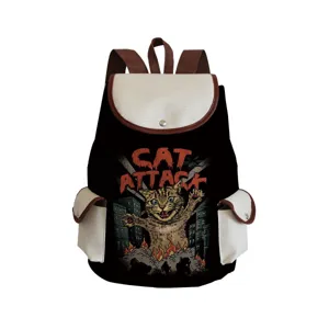 Black canvas backpack featuring giant cat attack graphic print, durable student school bag travel daypack