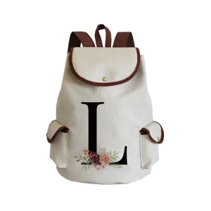 Canvas monogram backpack with floral letter L print, casual school bookbag for women
