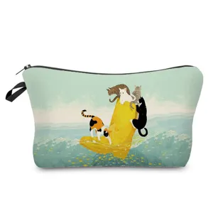 Trousse à Maquillage Portable Créative Imprimé Chat de Dessin Animé Femme Petite Pochette de Rangement à Fermeture Éclair Trousse de Maquillage de Voyage Porte-monnaie