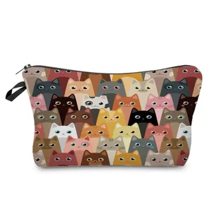 Portable Cosmetic Bag Pencil Pouch Travel Toiletry Organizer Case Cartoon Cute Cat Print Pattern Zipper Storage Handbag