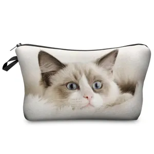 Cute Cat Printed Cosmetic Bag Polyester Portable Lipstick Pouch Travel Zipper Toiletry Bag Pencil Case For Everyday Storage Organizer