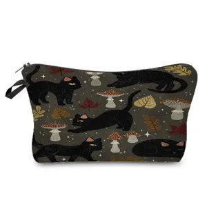 Cute black cat print cosmetic bag portable canvas makeup pouch travel storage pencil case.