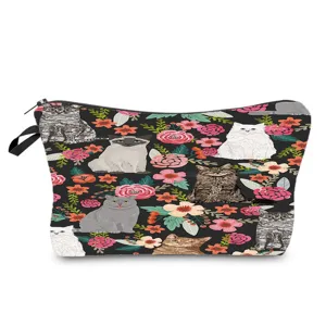 Close-up view of the cute cat floral print cosmetic makeup pouch featuring black zipper detail.
