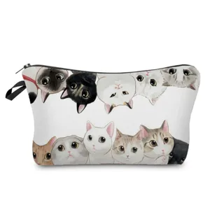 Cute cat print makeup pouch, portable canvas cosmetic bag, multi-functional pencil case for daily use.