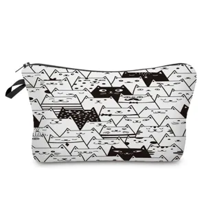 Jolie trousse de maquillage imprimé chat mignon, pochette zippée portable pour rangement femme.