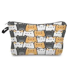 Cute cartoon cat print storage bag detail, portable cosmetic pouch and handy pencil case.