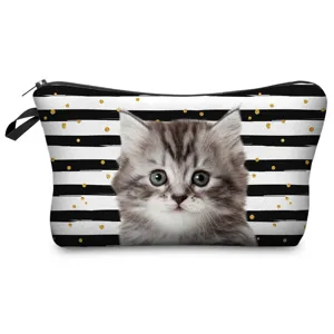 Cute cat print cosmetic bag detail, portable makeup pouch and pencil case with zipper closure.
