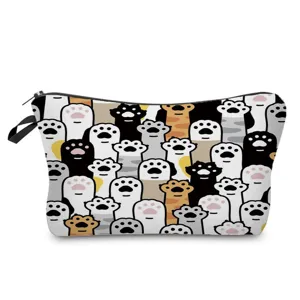 Detailed view of a cute cat paws print makeup bag, portable zipper pouch and pencil case.