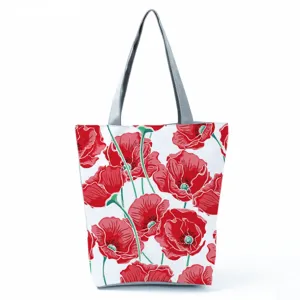 Τσάντα shopper από καμβά με κόκκινες παπαρούνες και γκρι λουριά ώμου για καθημερινή χρήση.