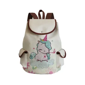 Canvas unicorn backpack for school girls, cute animal print casual daypack with front pockets.