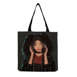 Zwarte canvas tote bag met krullend meisje print, lichte casual handtas voor dagelijks winkelen.