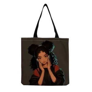 Gedetailleerd overzicht van de schattige zwarte meisje illustratie op een canvas tas.