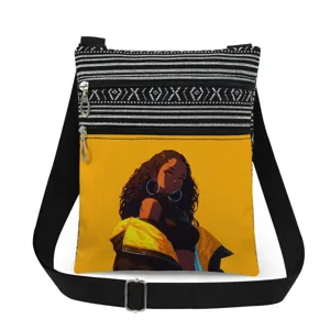 Canvas crossbody bag featuring a stylish black girl graphic print and chic black and white striped pattern.
