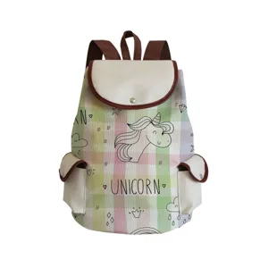 Cute unicorn print canvas backpack with pastel plaid pattern, casual student school bag.