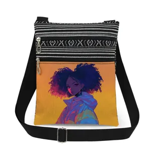Crossbody bag featuring a stylish afro girl graphic print, double zip pockets, and black straps.