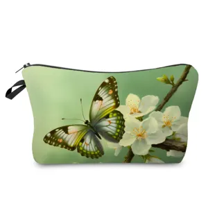 Vista dettagliata della borsa cosmetica portatile con stampa di farfalle e fiori.