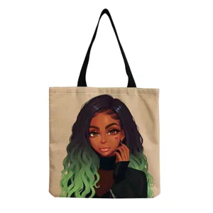 Zwarte meisje print canvas shopper tas, lichtgewicht casual schoudertas voor dagelijks.