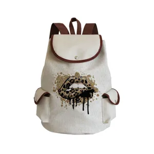 Canvas backpack with leopard print lips design, stylish casual daily daypack for women.