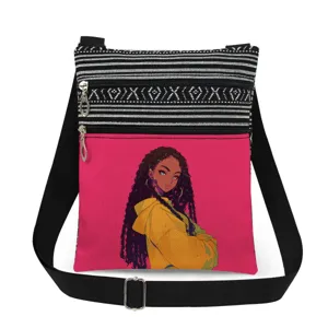 Stylish canvas crossbody bag featuring black white stripes and a chic black girl anime print.