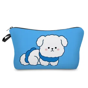 Borsa cosmetica blu con motivo di cane carino, astuccio per trucco portatile e borsa da toilette.