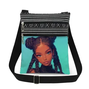 Stylish black girl print crossbody bag with double zippers and striped adjustable strap.
