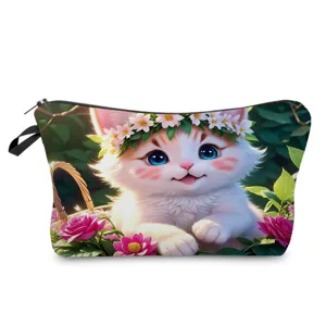 Borsa cosmetica con stampa di gatto carino, pochette per trucco portatile per viaggi quotidiani.