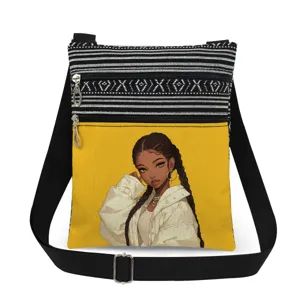 Detailed view of the stylish double zipper crossbody bag featuring a unique black girl print.