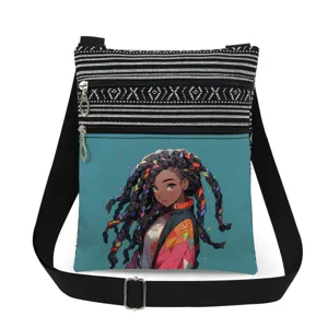 Canvas crossbody bag featuring chic black girl print, dual zippers, and adjustable black strap.