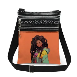 Detailed view of the stylish crossbody bag featuring black and white stripes and anime girl print.