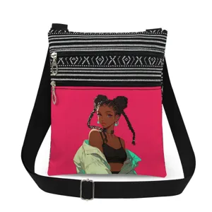 Canvas crossbody bag with black white stripes, double zippers and stylish black girl anime print.