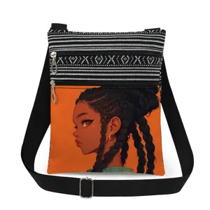 Detailed view of the lightweight crossbody bag featuring a stylish black girl art print and double zippers.