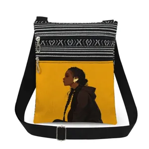 Black girl print crossbody bag, featuring double zippers, stylish canvas messenger bag style.