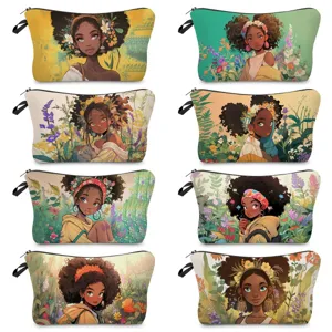 Polyester Digital Printed Floral Black Girl Makeup Bag Portable Cosmetic Case Toiletry Storage Pouch For Everyday Travel Women