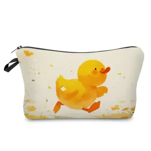 Vista detallada del neceser de maquillaje con diseño de patito amarillo para accesorios.