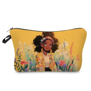 Detailed view of the black girl floral print cosmetic bag, showing vibrant art design.