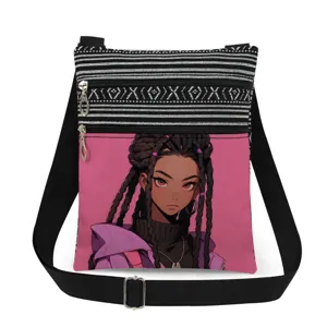 Canvas crossbody bag with black white stripes and anime girl print, double zipper messenger bag