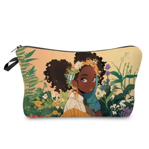 Cute black girl flower printed cosmetic bag for daily travel makeup storage and toiletry use.