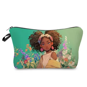 Floral black girl print cosmetic bag, travel toiletry pouch for makeup, lipstick and daily use.