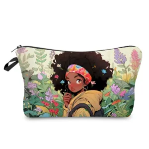 Cute Black Girl Floral Print Cosmetic Bag Large Capacity Makeup Pouch Travel Wash Bag