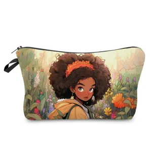 Close-up detail of the cosmetic pouch featuring a black girl and flower print design.