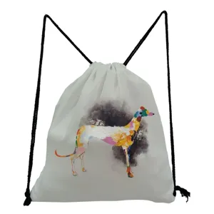 Detailansicht des weißen Kordelzug-Rucksacks mit bunten abstrakten Hunde-Kunstdruck und Kordeln.