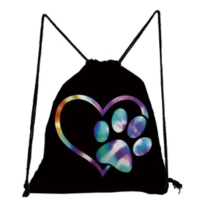 Black drawstring backpack with colorful heart and paw print, casual student cinch bag.
