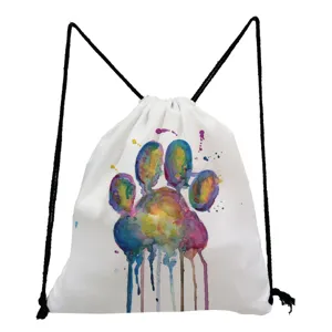 Watercolor cat paw print drawstring backpack detail, white casual cinch bag for daily use.
